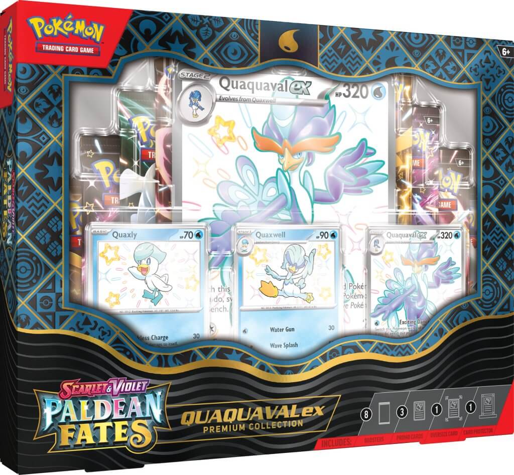 Caixa da coleção Premium de cartas Pokémon com cartas Quaquaval EX em destaque