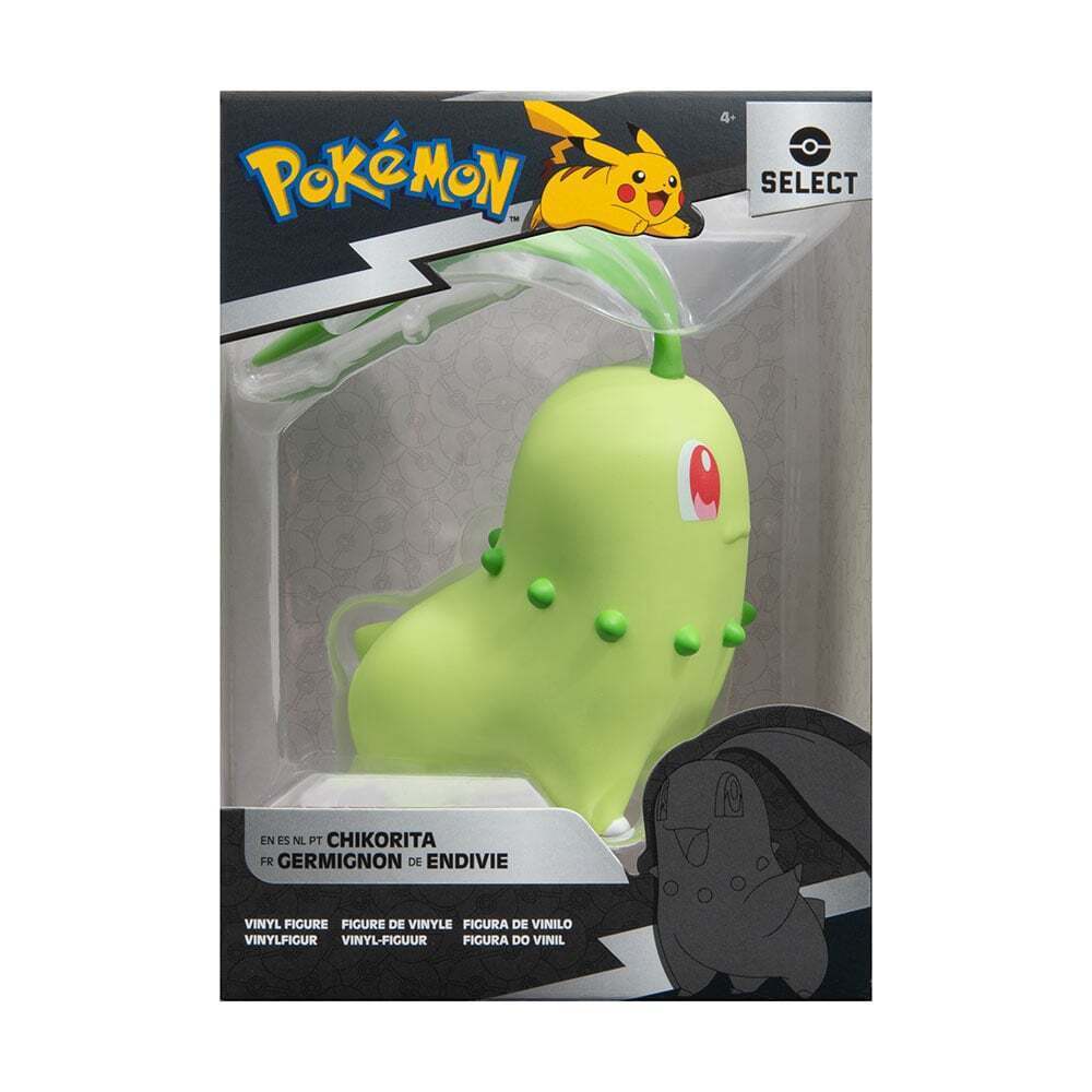 Figura vinil Pokémon Chikorita verde embalagem