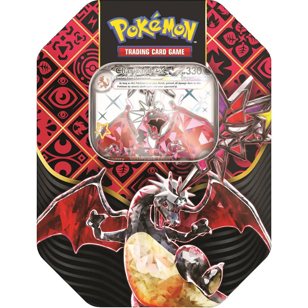 Lata Pokémon Charizard prata holográfico com fundo preto e vermelho e padrões
