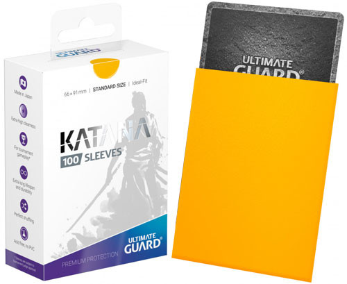Caixa branca Katana 100 Sleeves com capas protetoras amarelas e cartas ULTIMATE GUARD
