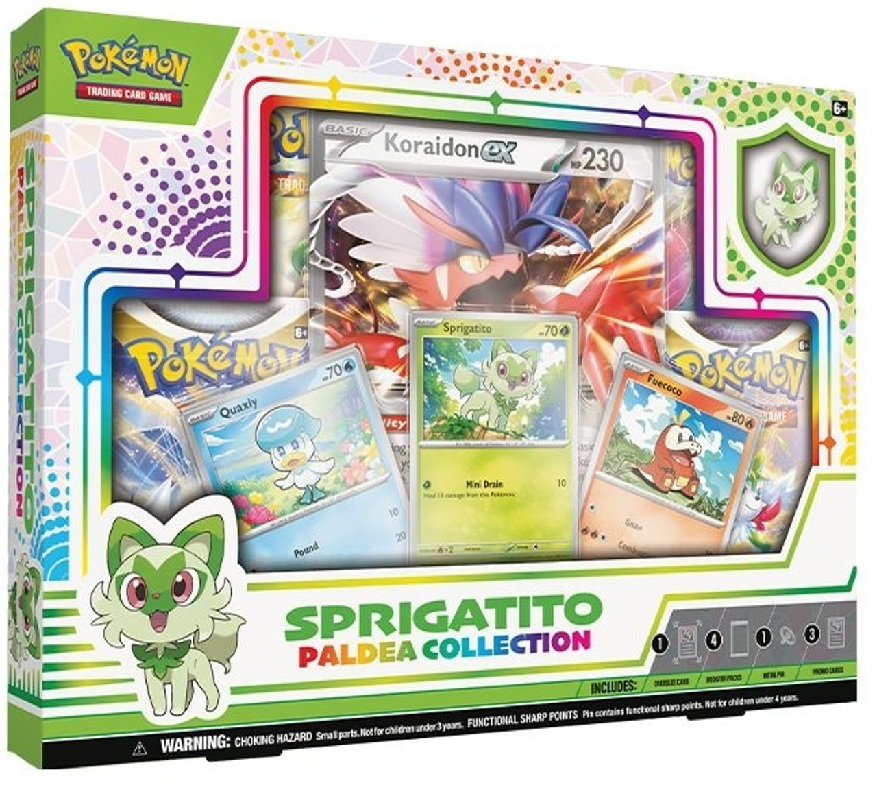 Caixa colorida de coleção Pokémon Sprigatito Paldea com cartas visíveis e textos de advertência