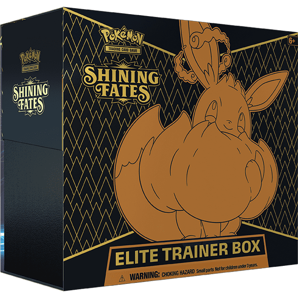 Caixa Pokémon SHINING FATES ELITE TRAINER BOX preta e dourada com ilustração de Pokémon