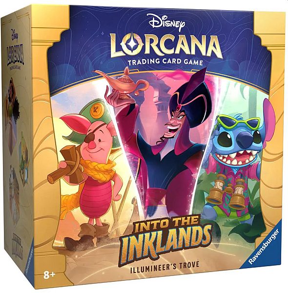 Caixa do jogo de cartas Disney LORCANA com personagens coloridos e texto INTO THE INKLANDS.