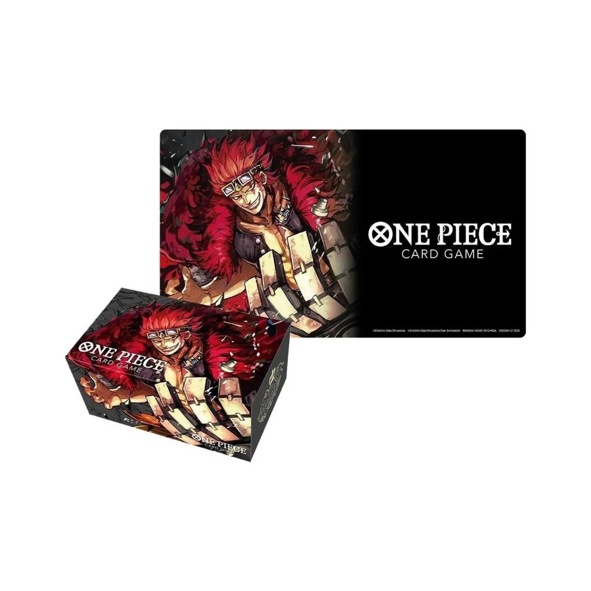 Uma caixa e um baralho do jogo 'ONE PIECE CARD GAME' com personagem de cabelos vermelhos e roupa vermelha na ilustração