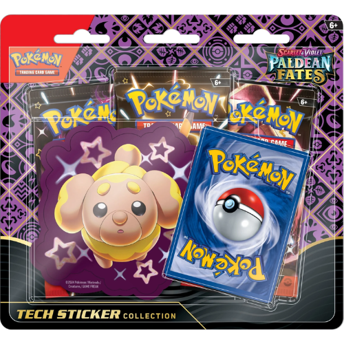 Pacote de cartas Pokémon TCG com autocolante Tech Sticker Amarillish em embalagem roxa e preta.