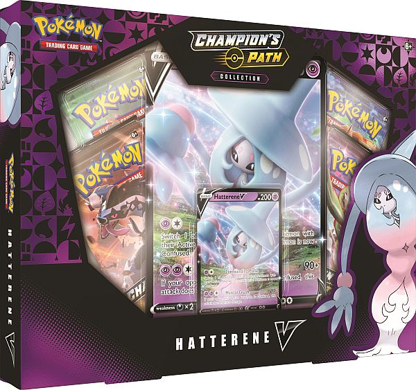 Caixa do jogo Pokemon Champion's Path com cartas Hatterene V
