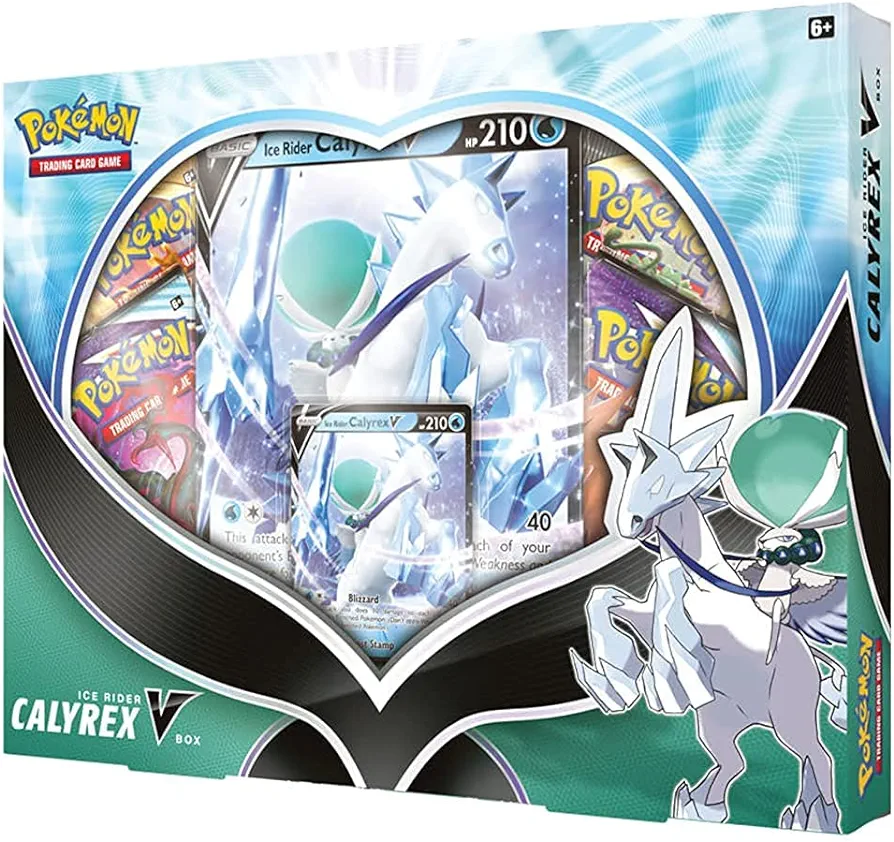 Caixa do jogo de cartas Pokémon Ice Rider Calyrex V com ilustração de criatura branca e azul