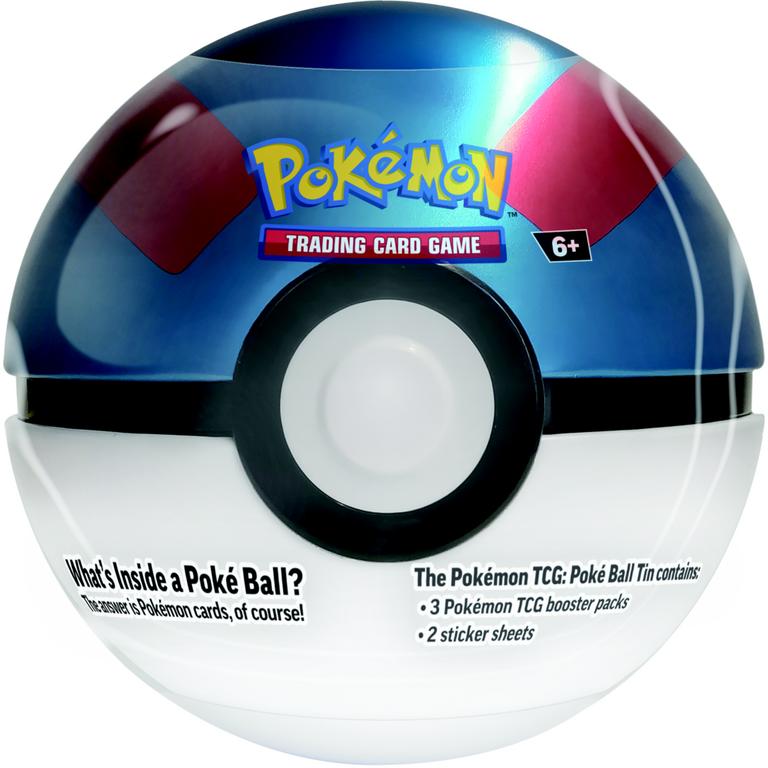 Lata Pokémon Trading Card Game em formato de Poké Ball azul, branca, vermelha e preta.