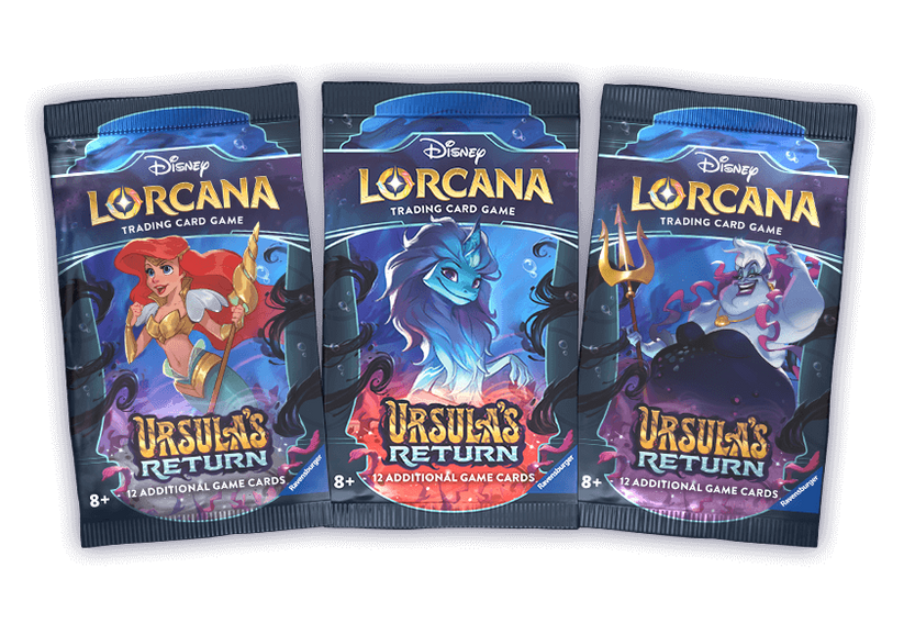 Pacotes do jogo de cartas Disney Lorcana Ursula's Return com ilustrações das personagens