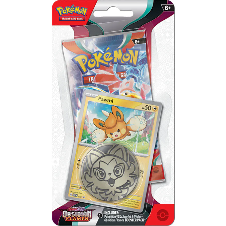 Pack Pokémon TCG com carta Pawmi e medalha cinzenta na embalagem