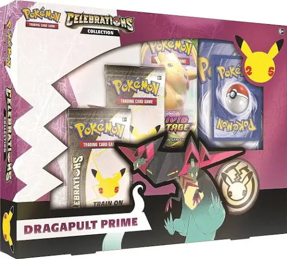 Caixa do Pokémon TCG Celebrations Collection Dragapult Prime com cartas e arte do Dragapult