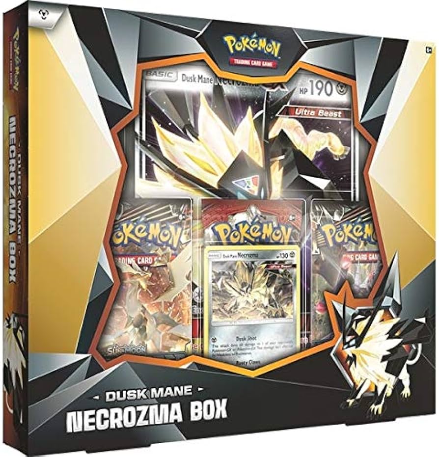 Caixa de coleção Pokémon Dusk Mane Necrozma Box com cartas visíveis