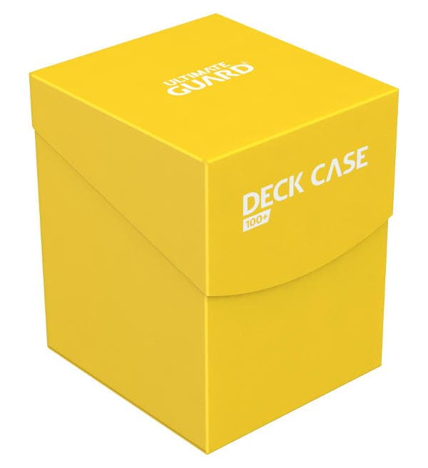Caixa amarela para baralho com texto Ultimate Guard e Deck Case 100+