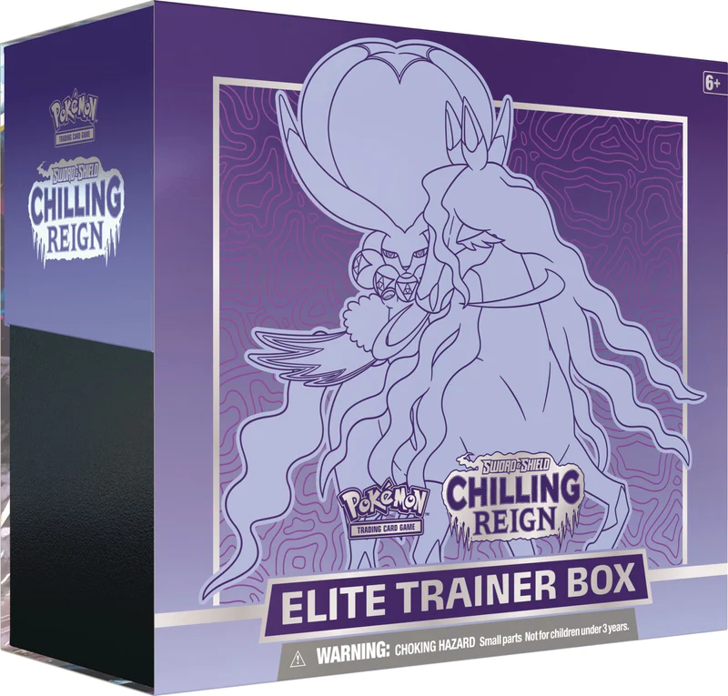 Caixa Pokémon Chilling Reign Elite Trainer Box roxa com desenho de Pokémon