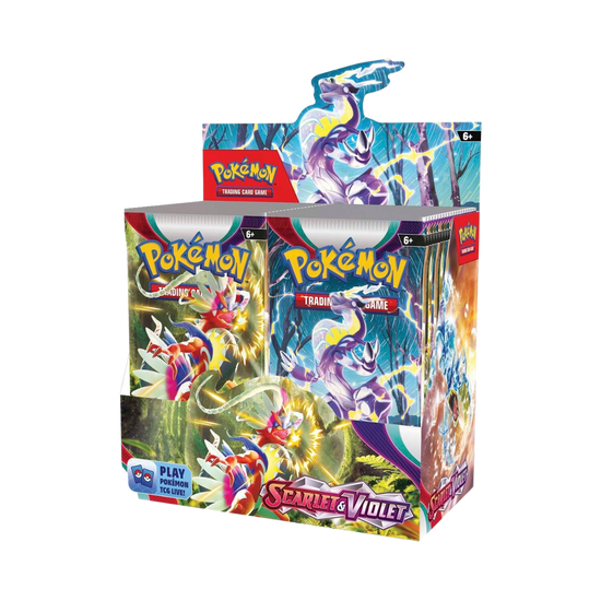 Caixa de cartas Pokémon Scarlet & Violet com figuras de Pokémon em cores vivas