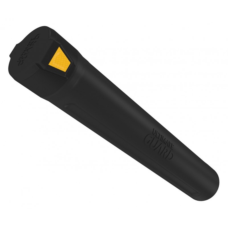 Estojo rígido preto para cartas de jogo com detalhe amarelo triangular