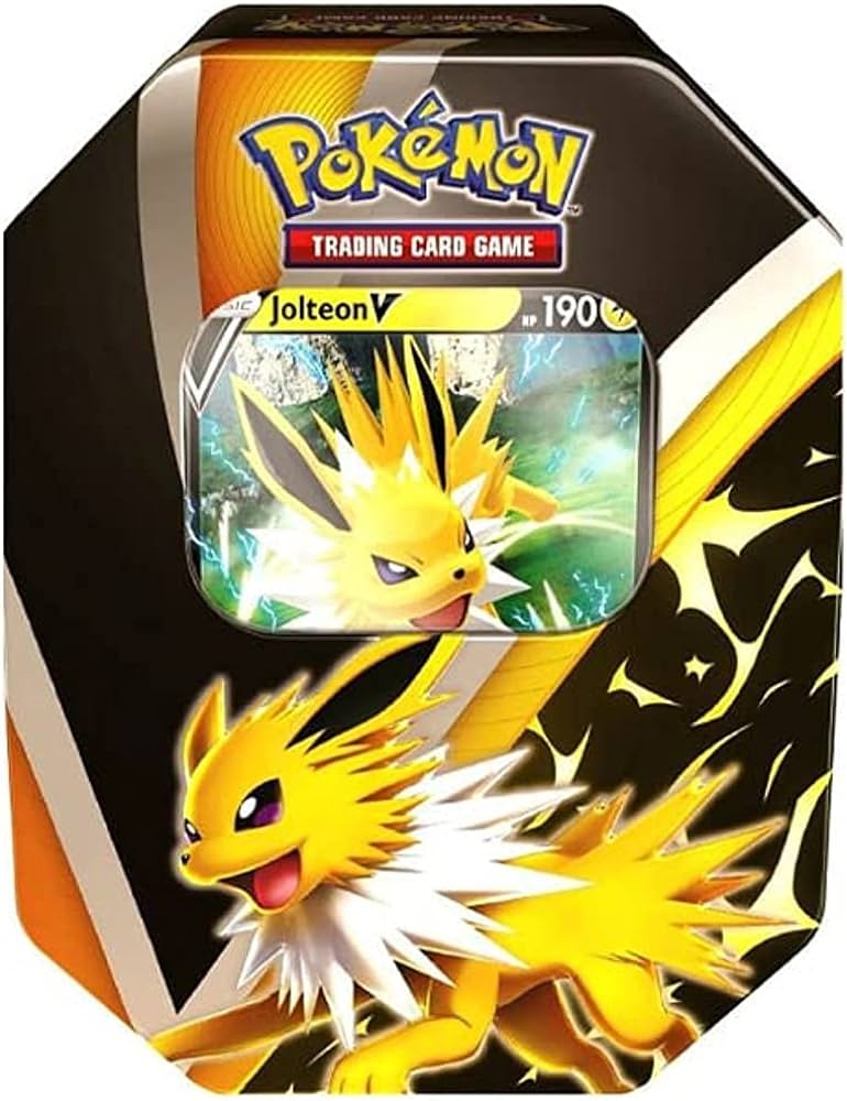Lata octogonal da Pokémon com imagem do Pokémon Jolteon V e uma carta visível