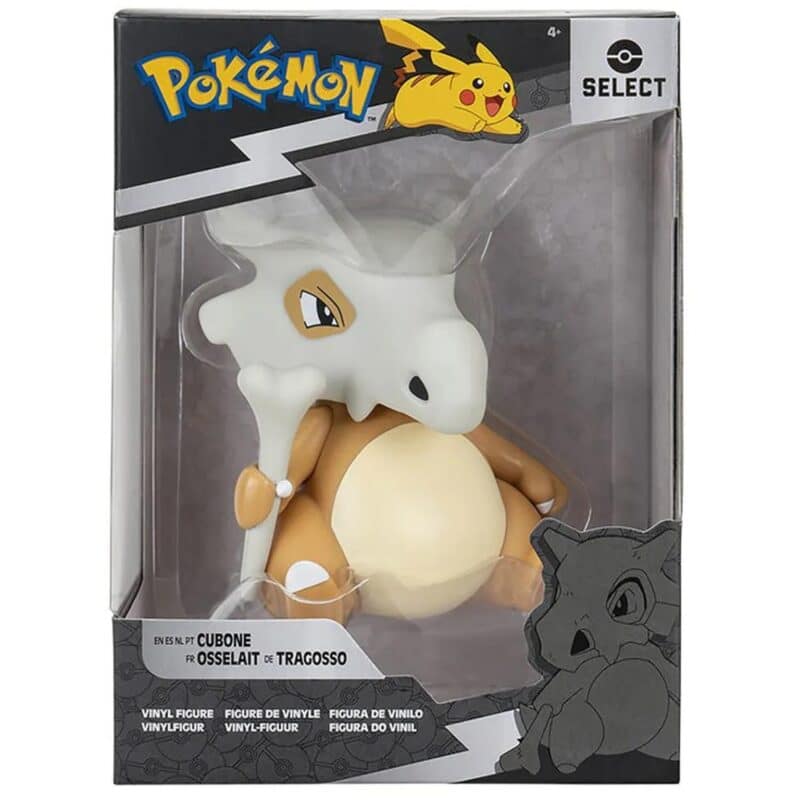 Figura de vinil Cubone Pokémon em embalagem preta e cinzenta com texto e imagem de Cubone