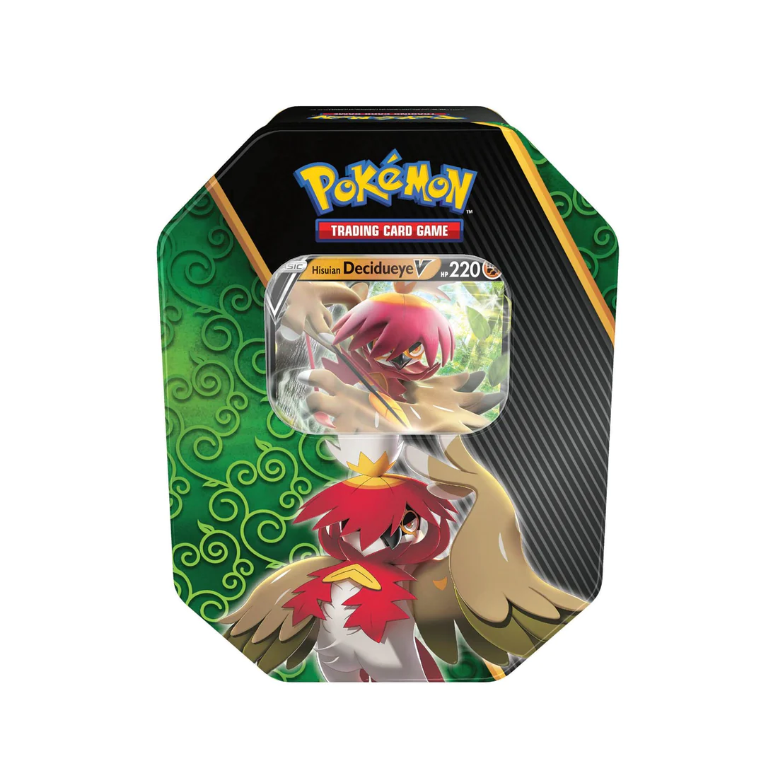 Lata octagonal de metal para jogo de cartas Pokémon com imagem do Pokémon Decidueye.