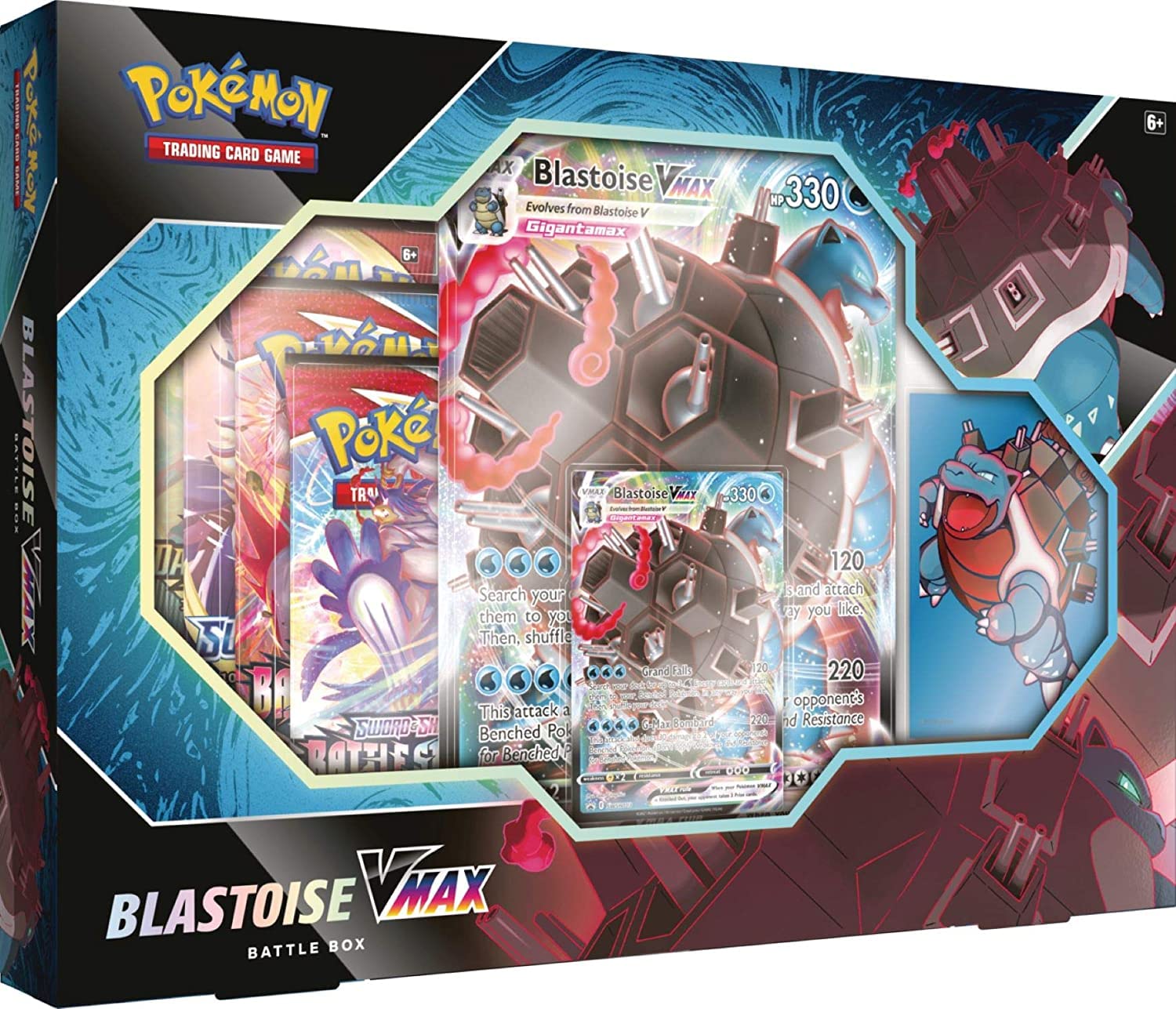 Caixa Pokémon Blastoise VMAX Battle Box com cartas visíveis