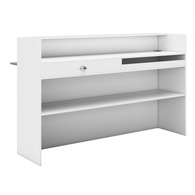 Móvel de balcao branco com gaveta, prateleira e espaço para computador