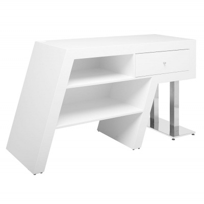 Secretária branca com design moderno e suporte metálico cromado