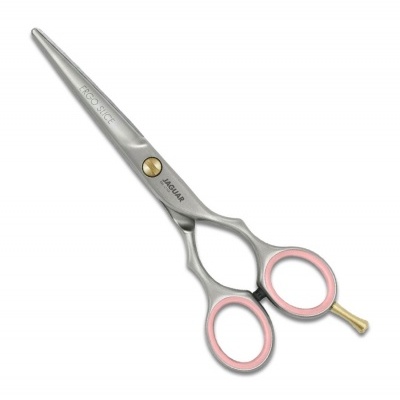 Tesoura profissional de cabelo metálica com punhos cor-de-rosa e gravuras nas lâminas