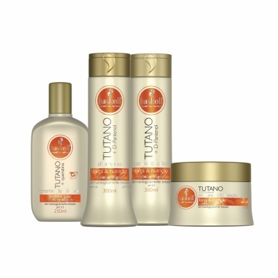 Conjunto de produtos capilares Haskell Tutano com rótulos laranja e dourado