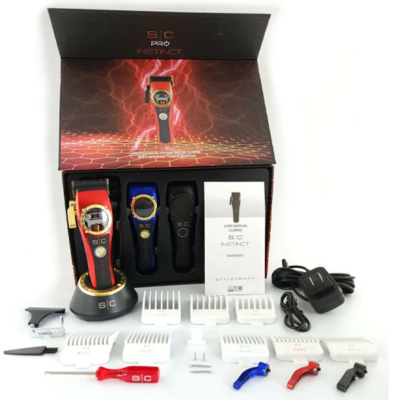 Máquina de cortar cabelo SIC PRO INSTINCT com acessórios e embalagem preta e vermelha