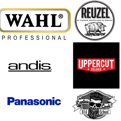 Logótipos de marcas WAHL, REUZEL, andis, UPPERCUT DELUXE, Panasonic e Captain Cook Old School em fundo branco