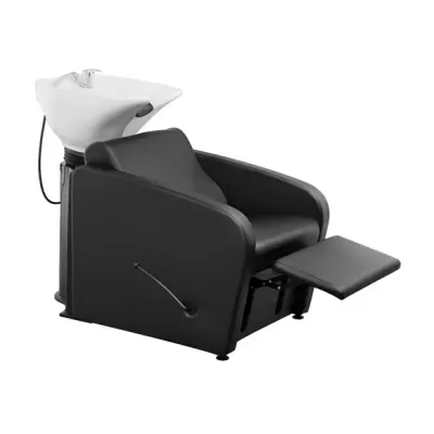 Cadeira de lavagem preta com lava-cabeças branco e apoio para pés