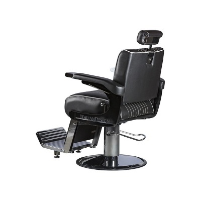 Cadeira de barbeiro preta de couro sintético com suporte para pés e base cromada