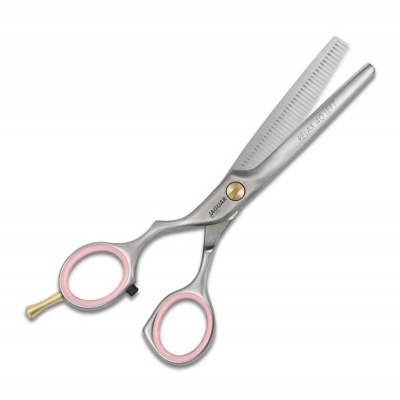 Tesoura de cabeleireiro metálica com punhos rosa e detalhe dourado