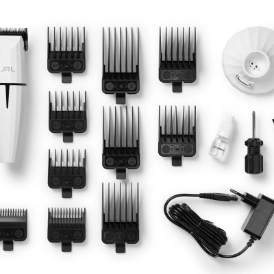 Máquina de cortar cabelo JRL branca com acessórios de pentes, adaptador e escova