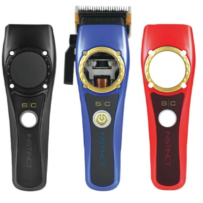 Máquinas de cortar cabelo Instinct em preto, azul e vermelho sobre fundo branco