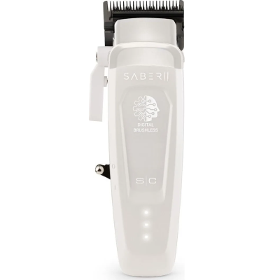 Máquina de cortar cabelo branca com lâmina preta e texto SABER II DIGITAL BRUSHLESS