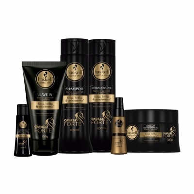 Produtos para cabelo Cavaloforte da Haskell com embalagem preta e dourada