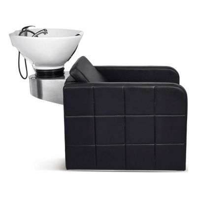 Cadeira preta para lavagem de cabelo com cuba branca e base metálica