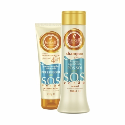 Dois produtos Haskell, creme sem enxágue 4 em 1 e shampoo girassol pós sol
