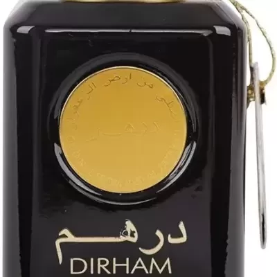 Frasco de perfume preto com tampa dourada e texto dourado