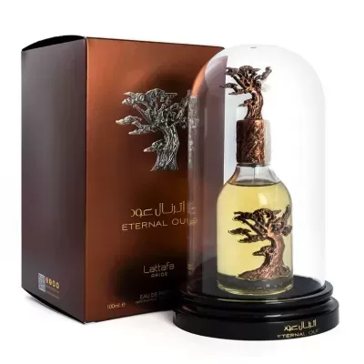 Perfume Eternal Oud da Lattafa em redoma de vidro com caixa castanha