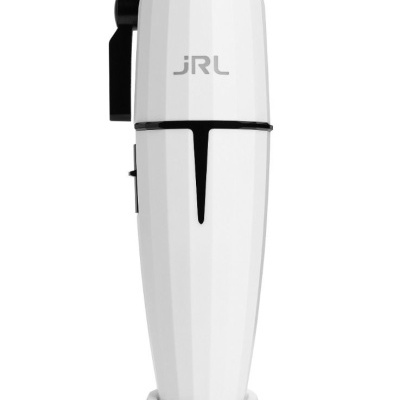 Máquina de cortar cabelo branca com detalhes pretos e lâmina metálica