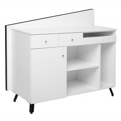 Móvel branco multifuncional com gavetas e prateleiras