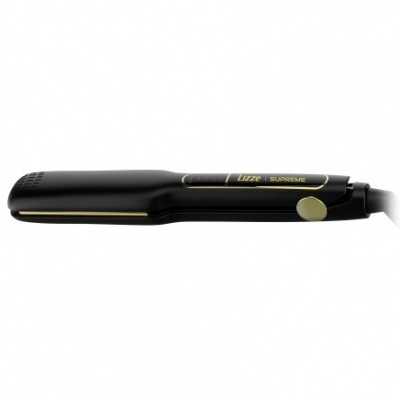 Prancha alisadora de cabelo preta com detalhes dourados e texto 'LIZZE SUPREME'