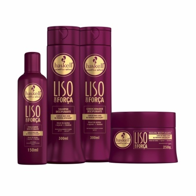 Produtos capilares Haskell Liso & Força em embalagens roxas com texto dourado.