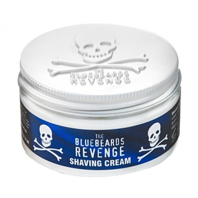 Frasco de creme de barbear The Bluebeards Revenge com caveiras e rótulo azul