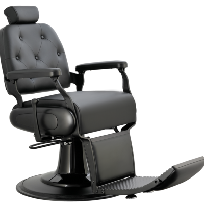 Cadeira de barbeiro preta estofada com apoio para pés e base redonda