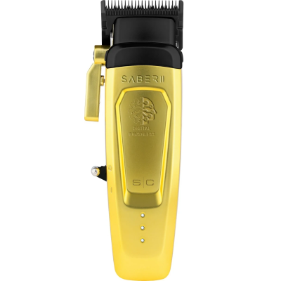 Máquina de cortar cabelo dourada com lâminas metálicas e alavanca lateral