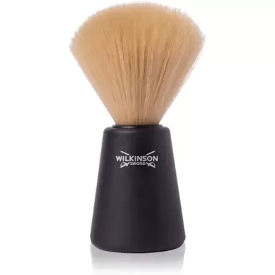 Pincel de barbear com cerdas castanho-claro e cabo preto com texto WILKINSON SWORD.