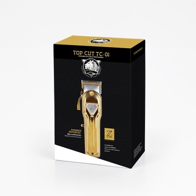 Embalagem preta e dourada de aparador de cabelo profissional dourado